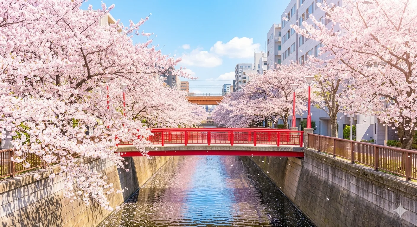 桜並木の川辺
